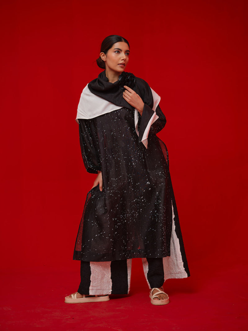 Seek Tunic-Black + Natural silk chanderi tunics/kaftan by Stoique in black, natural for women in Singapore