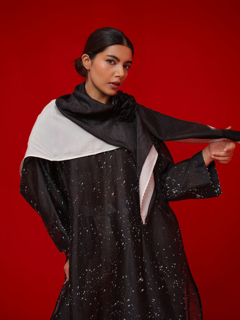 Seek Tunic-Black + Natural silk chanderi tunics/kaftan by Stoique in black, natural for women in Singapore