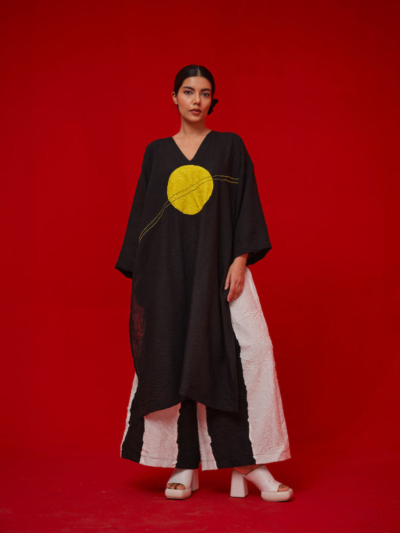 Rock Salt Tunic-Black + Yellow linen tunics/kaftan by Stoique in black, yellow for women in Singapore