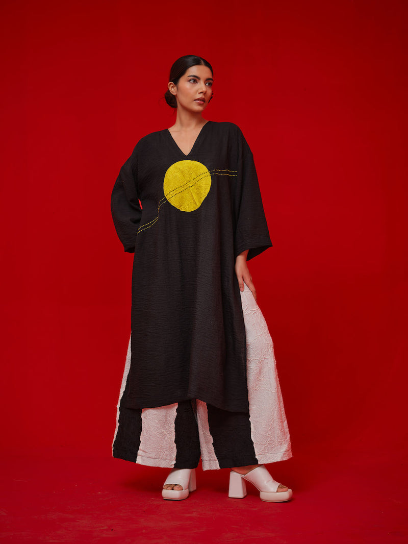 Rock Salt Tunic-Black + Yellow linen tunics/kaftan by Stoique in black, yellow for women in Singapore