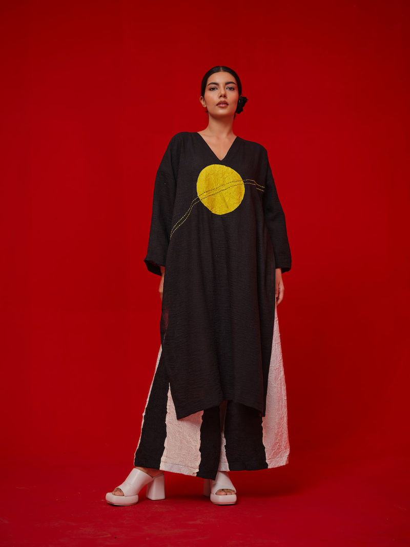 Rock Salt Tunic-Black + Yellow linen tunics/kaftan by Stoique in black, yellow for women in Singapore