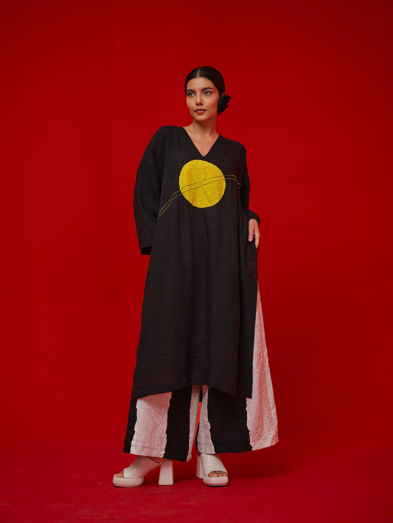 Rock Salt Tunic-Black + Yellow linen tunics/kaftan by Stoique in black, yellow for women in Singapore