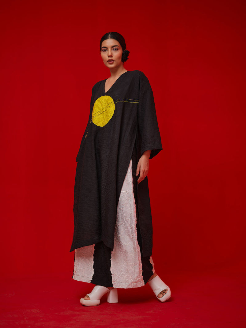 Rock Salt Tunic-Black + Yellow linen tunics/kaftan by Stoique in black, yellow for women in Singapore