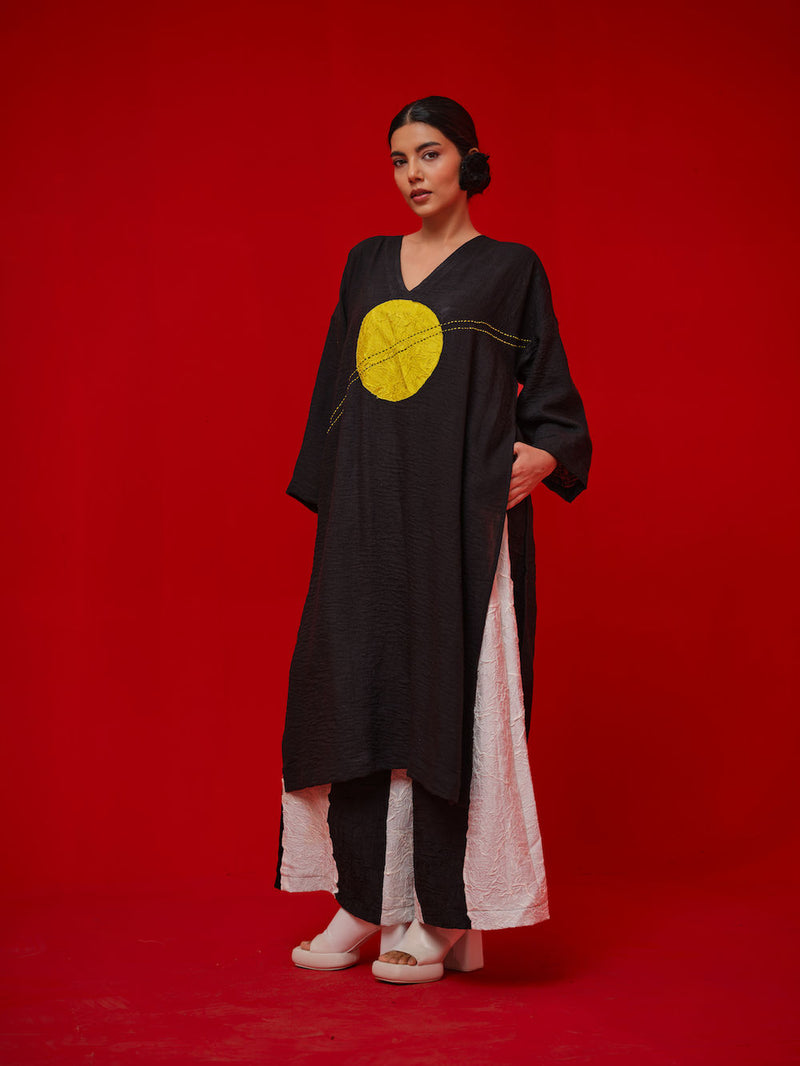 Rock Salt Tunic-Black + Yellow linen tunics/kaftan by Stoique in black, yellow for women in Singapore