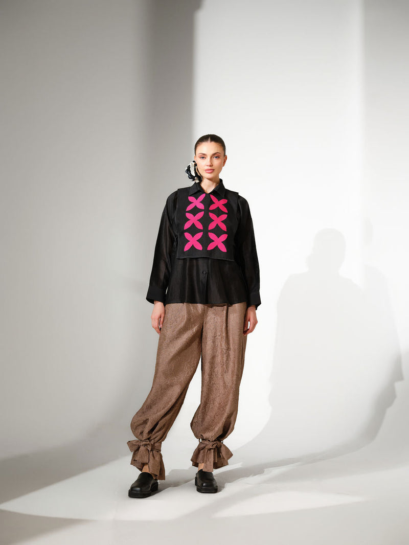 Pebble Shirt-Black + Pink silk chanderi top/shirt by Stoique in black, pink for women in Singapore