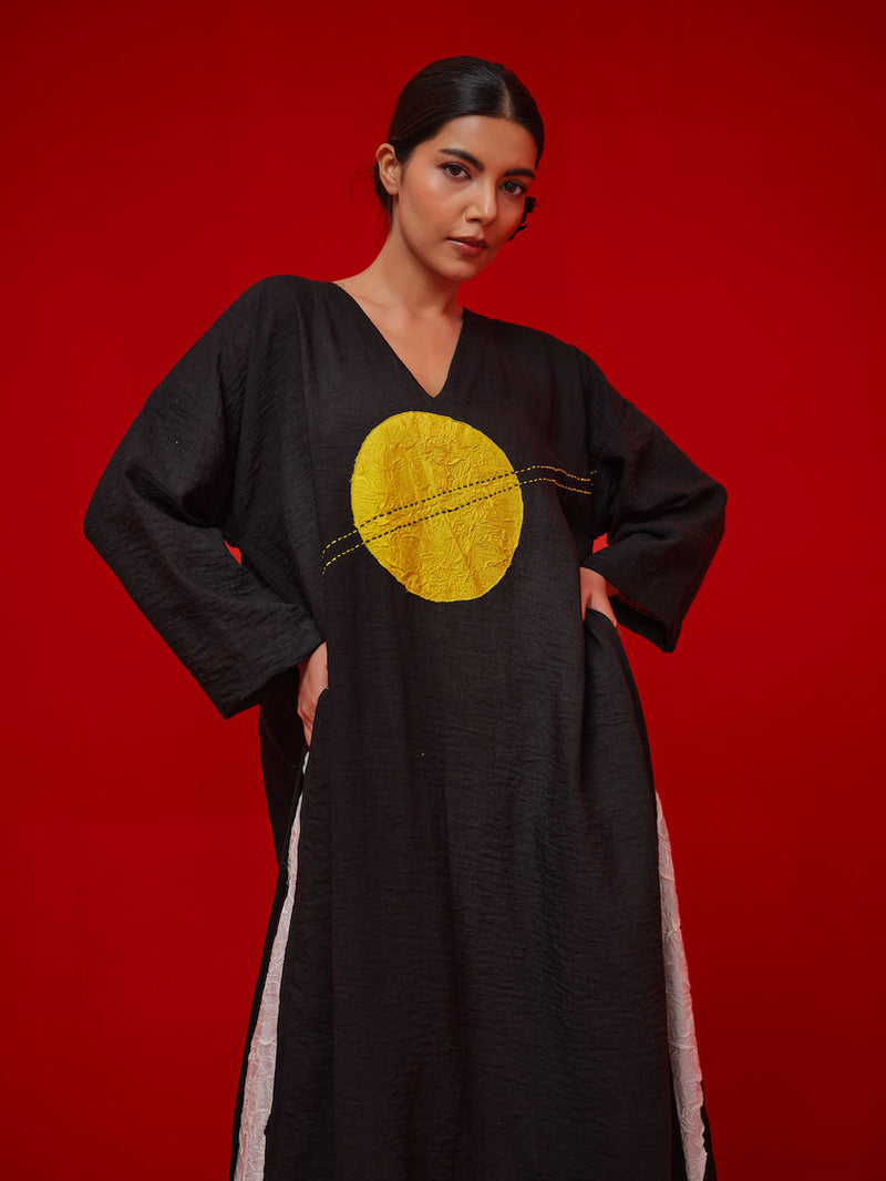 Rock Salt Tunic-Black + Yellow linen tunics/kaftan by Stoique in black, yellow for women in Singapore