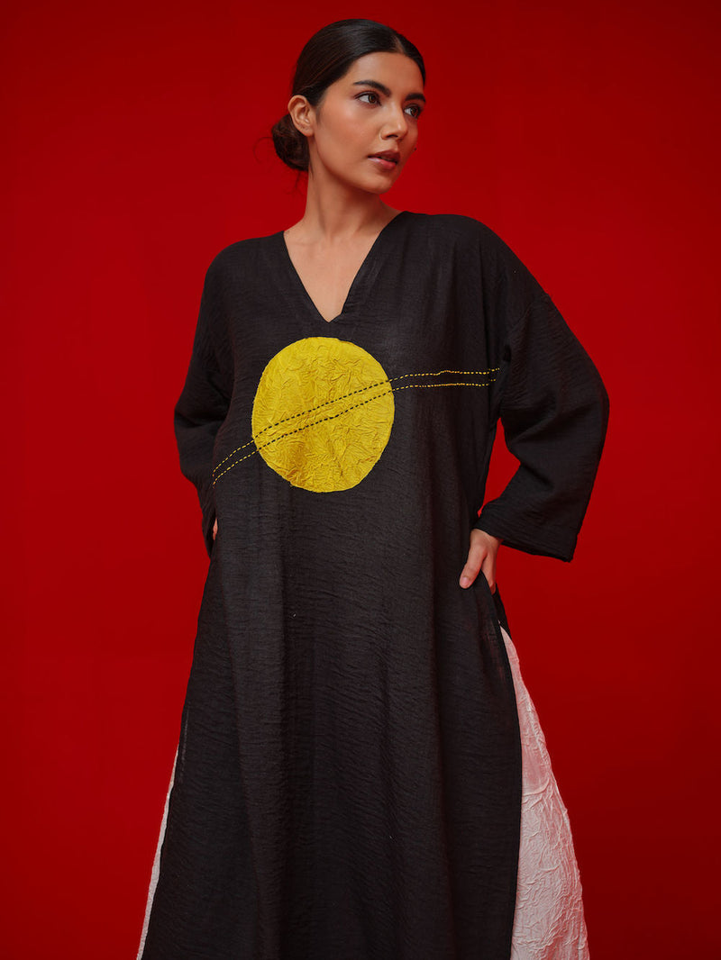 Rock Salt Tunic-Black + Yellow linen tunics/kaftan by Stoique in black, yellow for women in Singapore