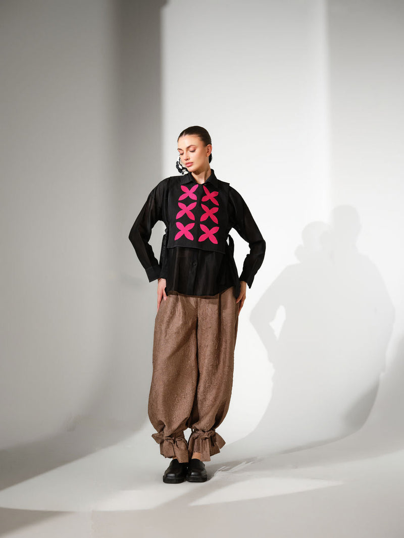 Pebble Shirt-Black + Pink silk chanderi top/shirt by Stoique in black, pink for women in Singapore