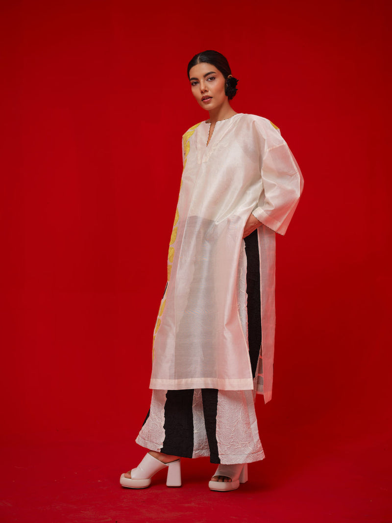 Align Tunic-Ivory + Yellow + Black silk chanderi tunics/kaftan by Stoique in ivory, yellow, black for women in Singapore
