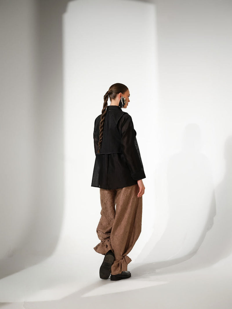 Pebble Shirt-Black + Ochre silk chanderi top/shirt by Stoique in black, ochre for women in Singapore
