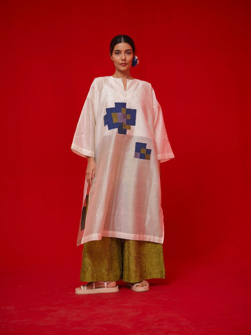Grace Tunic-Ivory + Blue + Green + Grey silk chanderi tunics/kaftan by Stoique in ivory, blue, green, grey for women in Singapore