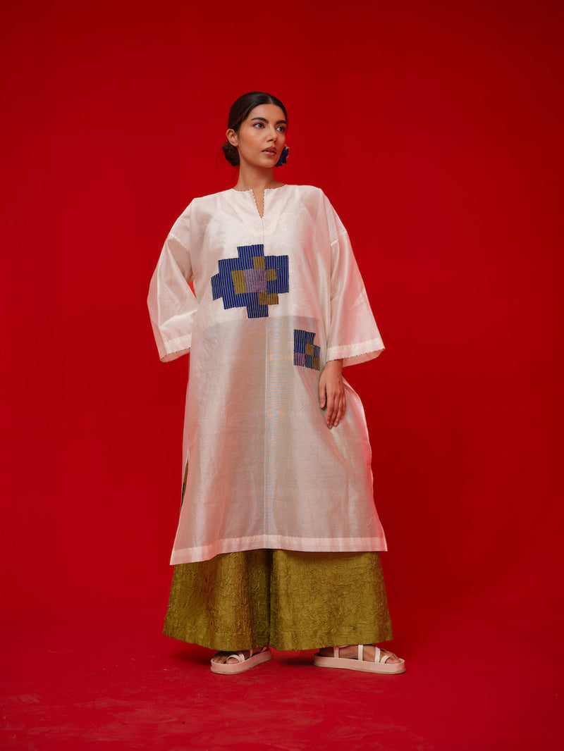 Grace Tunic-Ivory + Blue + Green + Grey silk chanderi tunics/kaftan by Stoique in ivory, blue, green, grey for women in Singapore