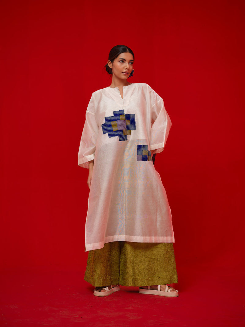 Grace Tunic-Ivory + Blue + Green + Grey silk chanderi tunics/kaftan by Stoique in ivory, blue, green, grey for women in Singapore
