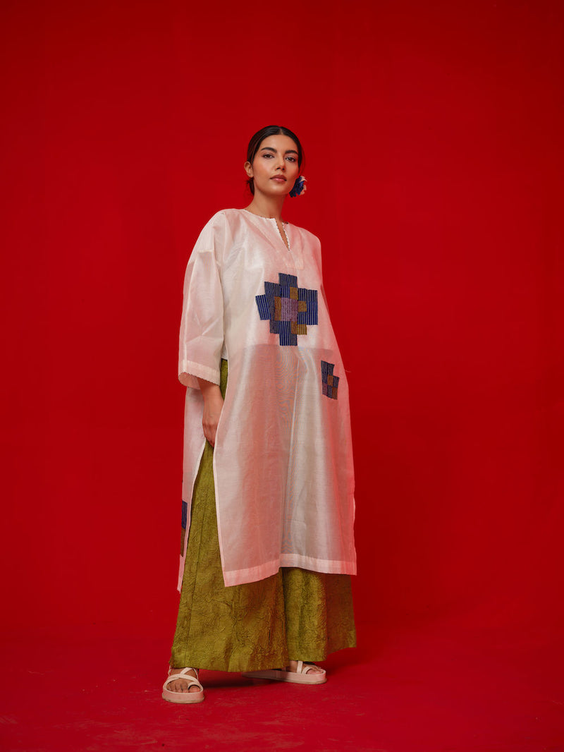 Grace Tunic-Ivory + Blue + Green + Grey silk chanderi tunics/kaftan by Stoique in ivory, blue, green, grey for women in Singapore