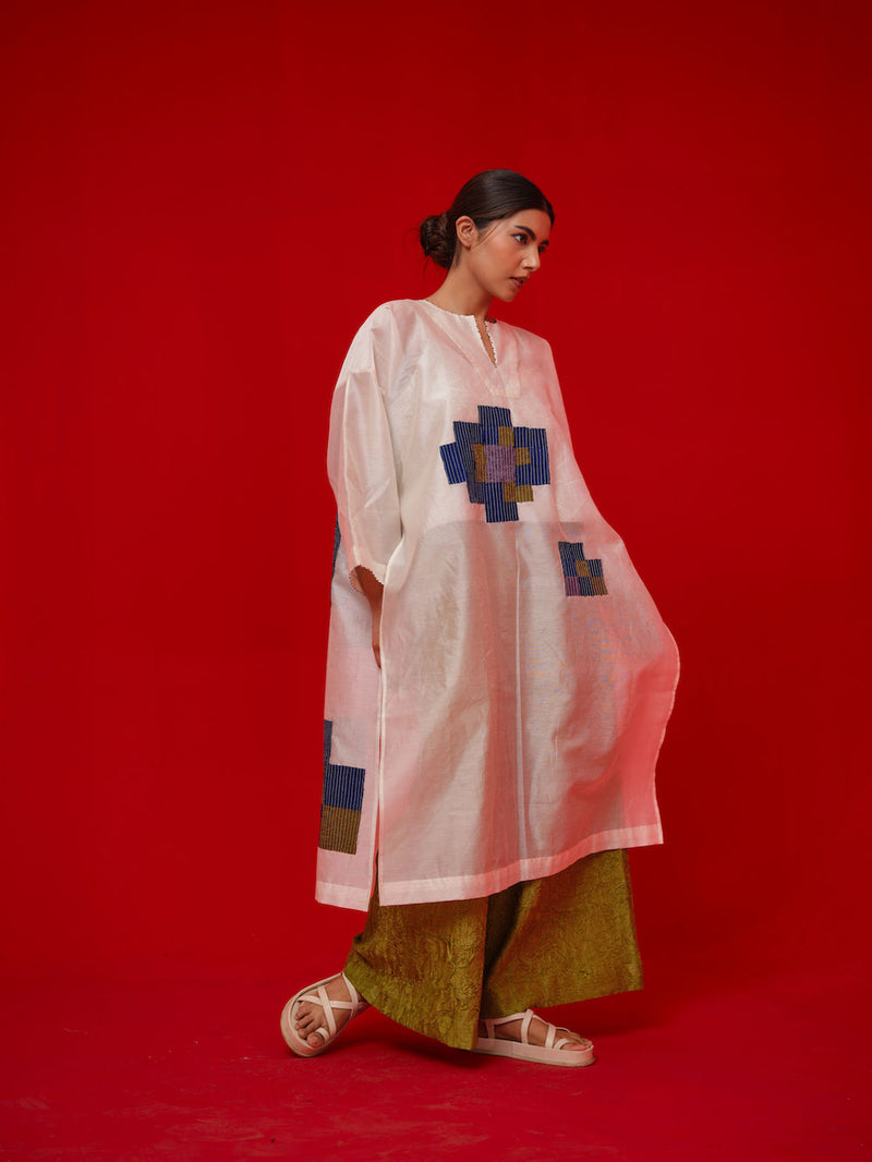 Grace Tunic-Ivory + Blue + Green + Grey silk chanderi tunics/kaftan by Stoique in ivory, blue, green, grey for women in Singapore
