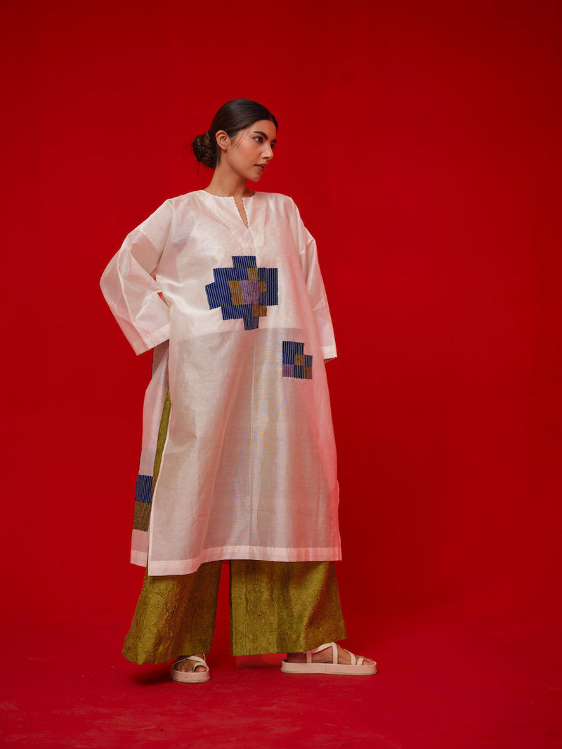 Grace Tunic-Ivory + Blue + Green + Grey silk chanderi tunics/kaftan by Stoique in ivory, blue, green, grey for women in Singapore