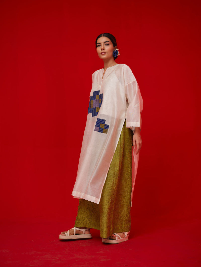 Grace Tunic-Ivory + Blue + Green + Grey silk chanderi tunics/kaftan by Stoique in ivory, blue, green, grey for women in Singapore