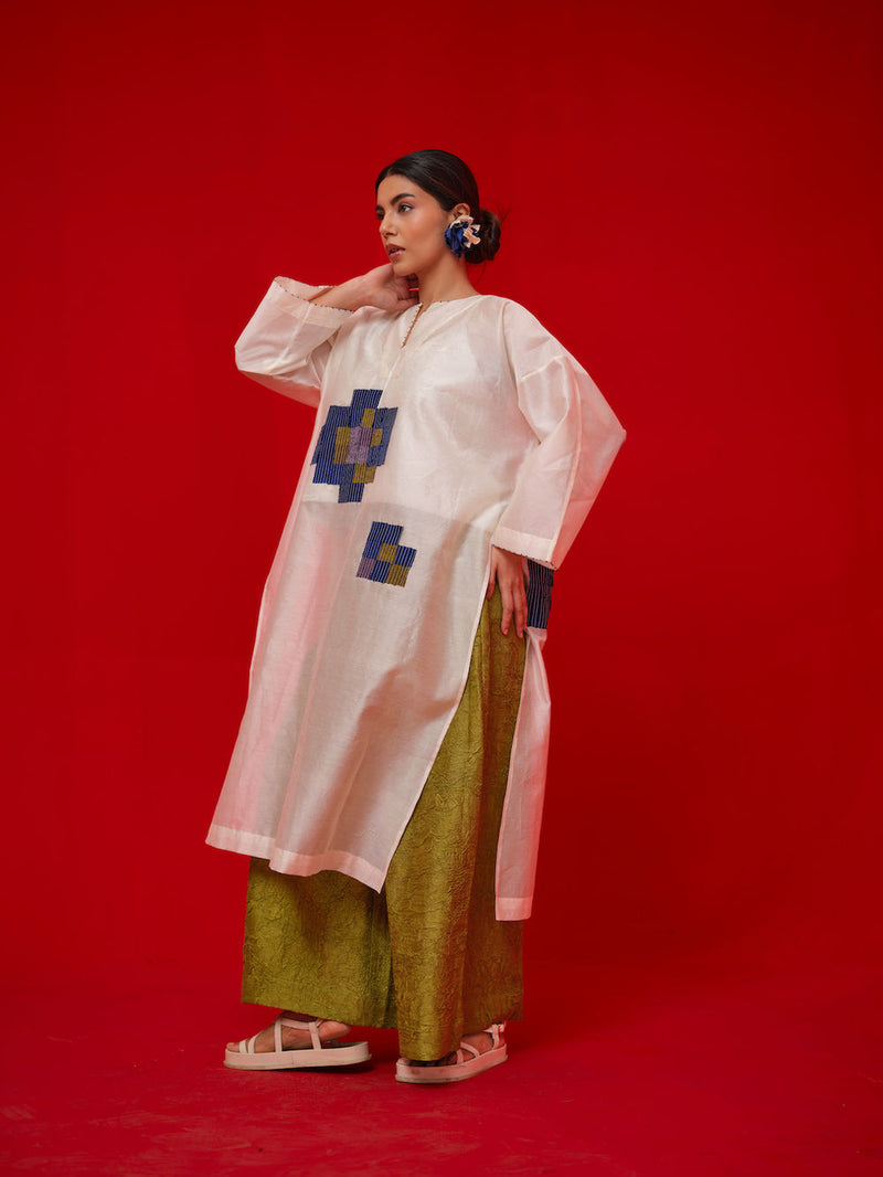 Grace Tunic-Ivory + Blue + Green + Grey silk chanderi tunics/kaftan by Stoique in ivory, blue, green, grey for women in Singapore