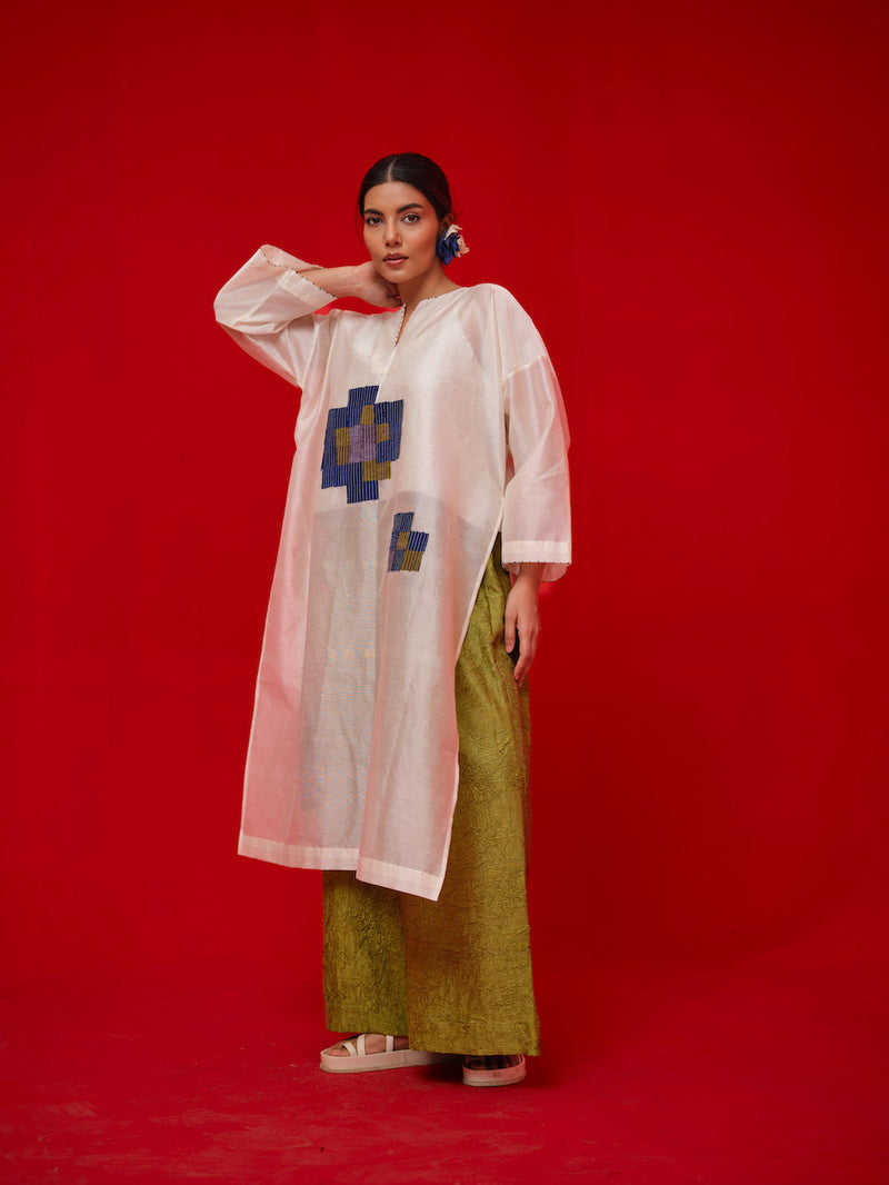 Grace Tunic-Ivory + Blue + Green + Grey silk chanderi tunics/kaftan by Stoique in ivory, blue, green, grey for women in Singapore