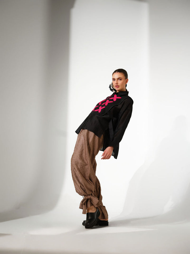 Pebble Shirt-Black + Pink silk chanderi top/shirt by Stoique in black, pink for women in Singapore