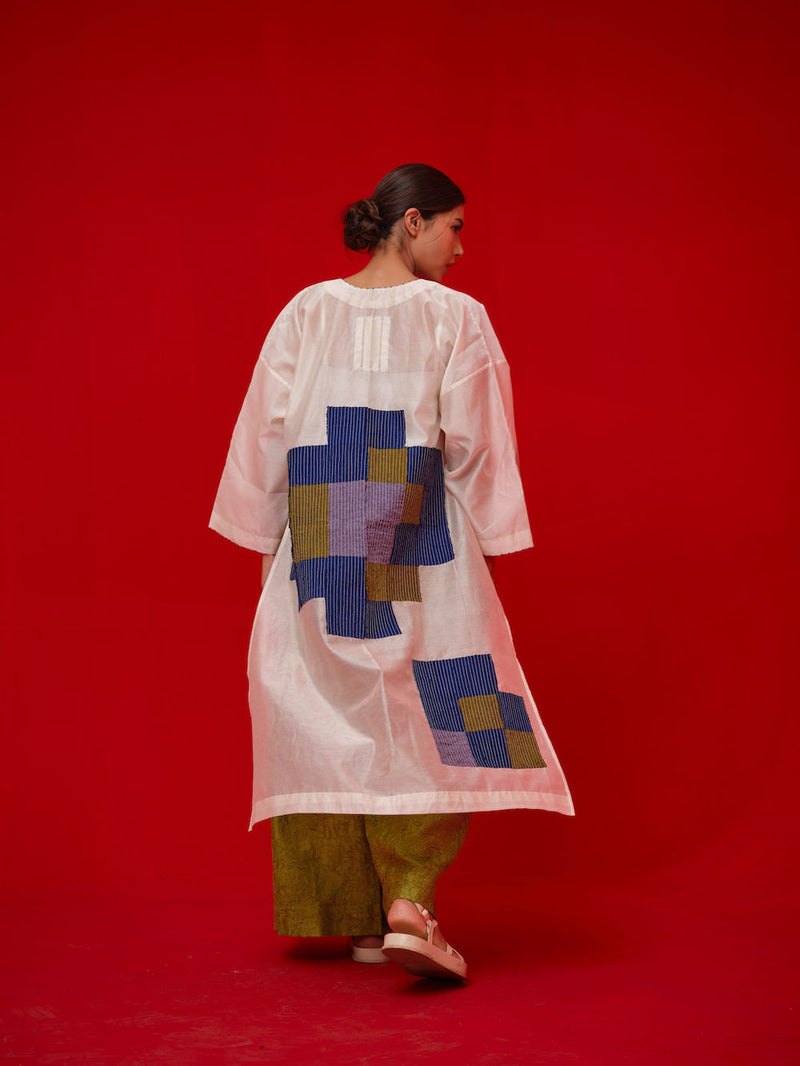 Grace Tunic-Ivory + Blue + Green + Grey silk chanderi tunics/kaftan by Stoique in ivory, blue, green, grey for women in Singapore