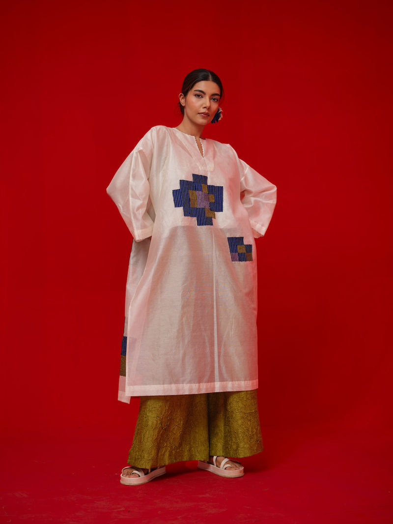 Grace Tunic-Ivory + Blue + Green + Grey silk chanderi tunics/kaftan by Stoique in ivory, blue, green, grey for women in Singapore