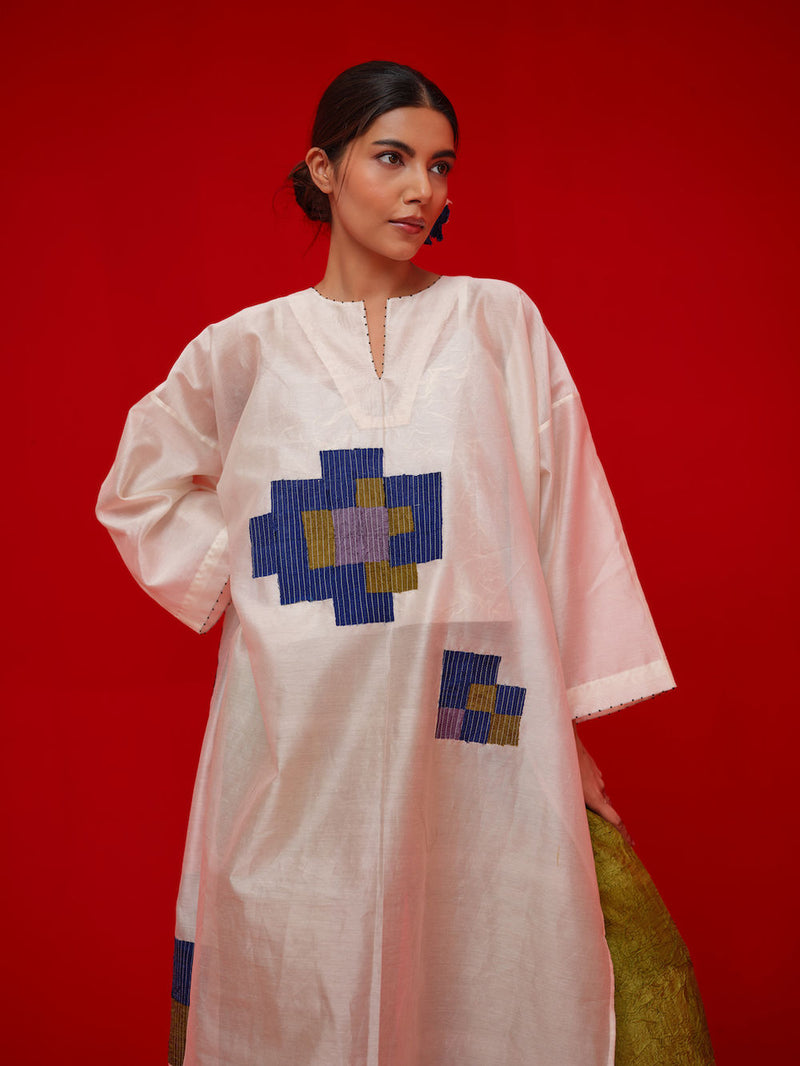 Grace Tunic-Ivory + Blue + Green + Grey silk chanderi tunics/kaftan by Stoique in ivory, blue, green, grey for women in Singapore