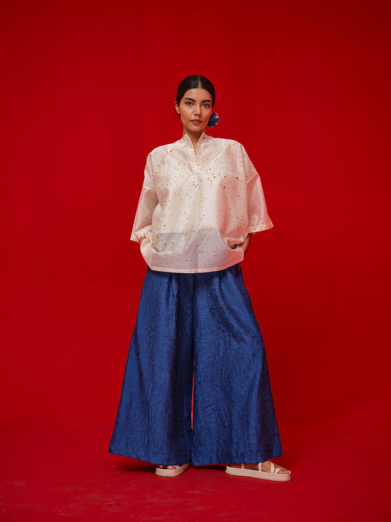 Wander Top-Ivory + Mustard silk chanderi top/shirt by Stoique in ivory, mustard for women in Singapore