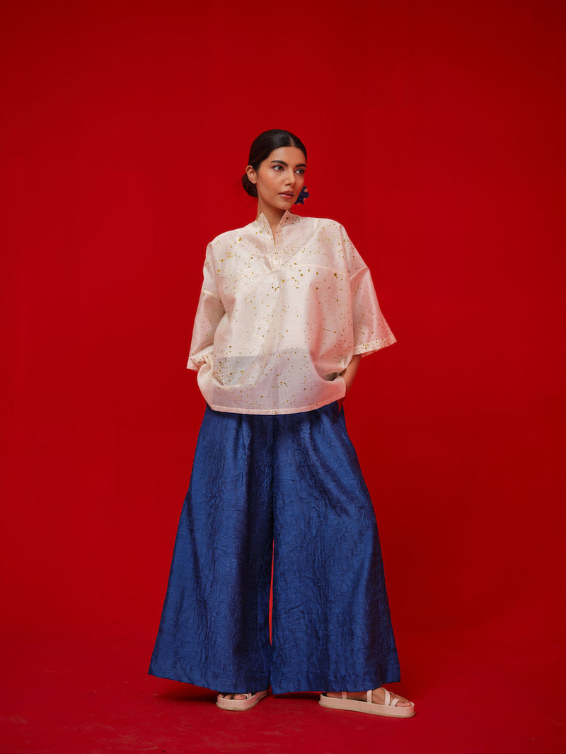 Wander Top-Ivory + Mustard silk chanderi top/shirt by Stoique in ivory, mustard for women in Singapore