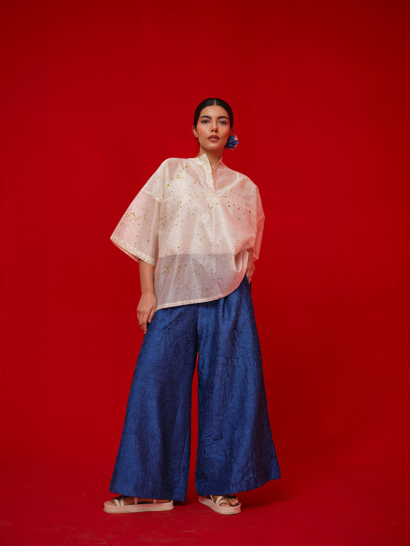 Wander Top-Ivory + Mustard silk chanderi top/shirt by Stoique in ivory, mustard for women in Singapore