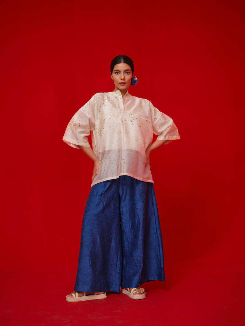 Wander Top-Ivory + Mustard silk chanderi top/shirt by Stoique in ivory, mustard for women in Singapore
