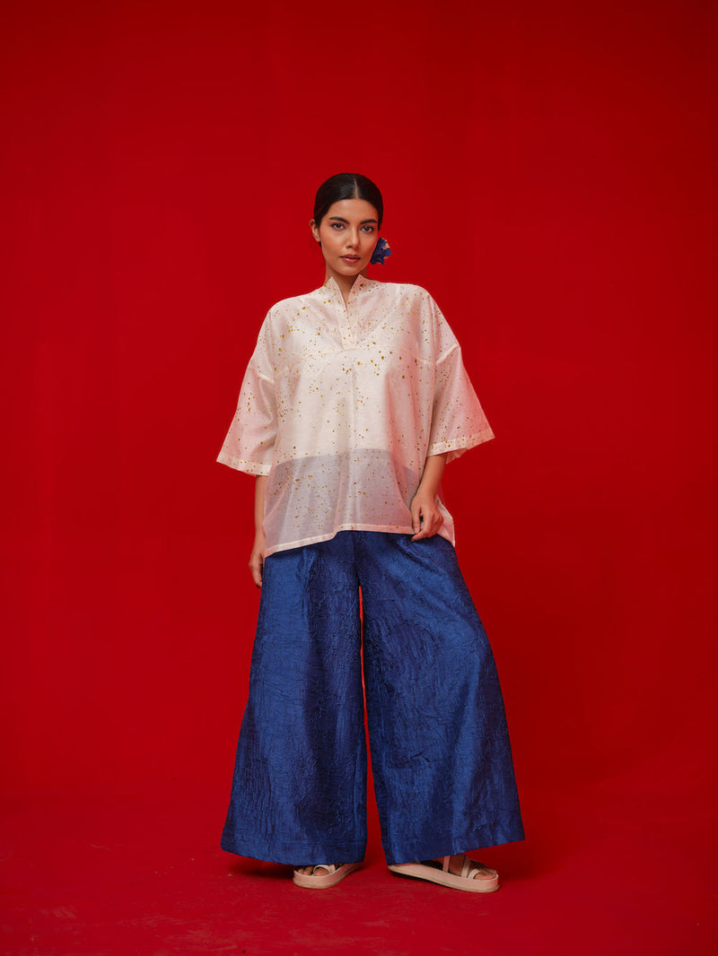 Wander Top-Ivory + Mustard silk chanderi top/shirt by Stoique in ivory, mustard for women in Singapore