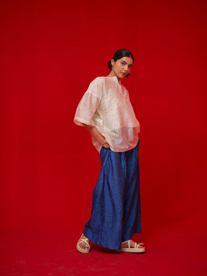 Wander Top-Ivory + Mustard silk chanderi top/shirt by Stoique in ivory, mustard for women in Singapore