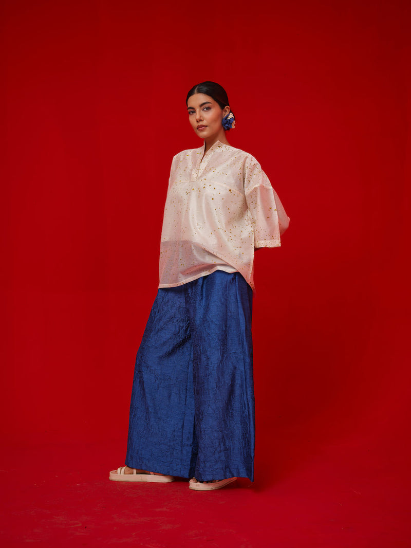 Wander Top-Ivory + Mustard silk chanderi top/shirt by Stoique in ivory, mustard for women in Singapore