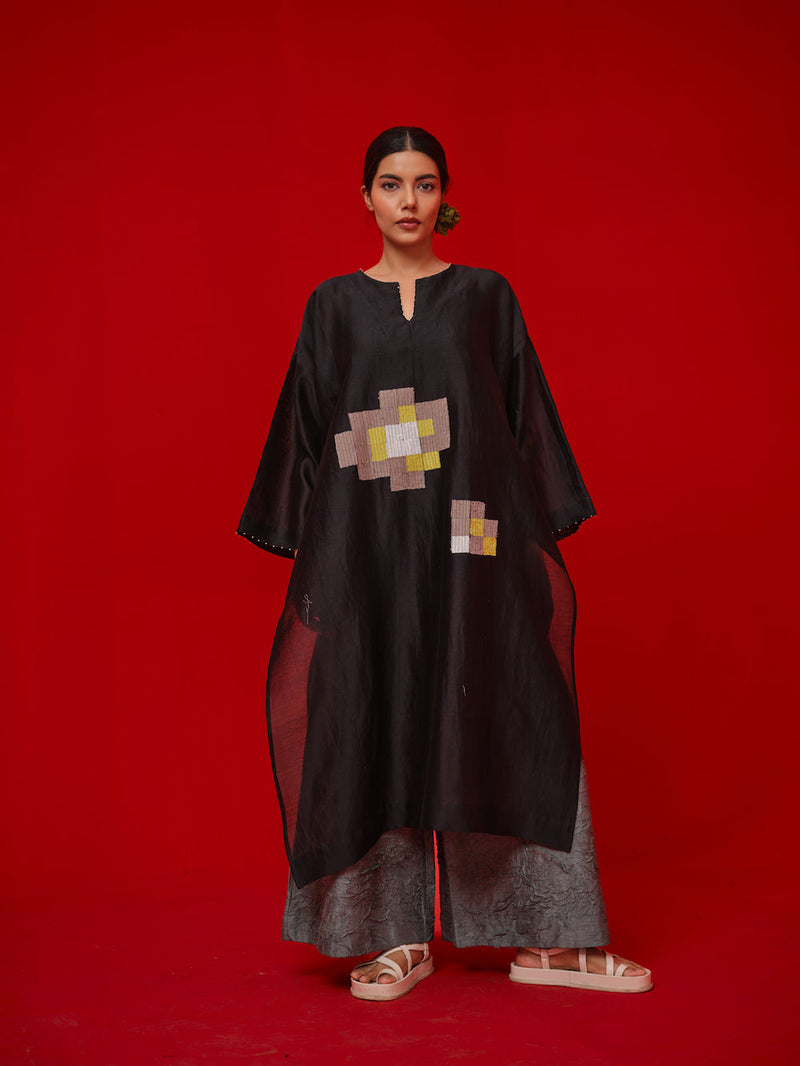 Trace Tunic-Black + Grey silk chanderi tunics/kaftan by Stoique in black, grey for women in Singapore