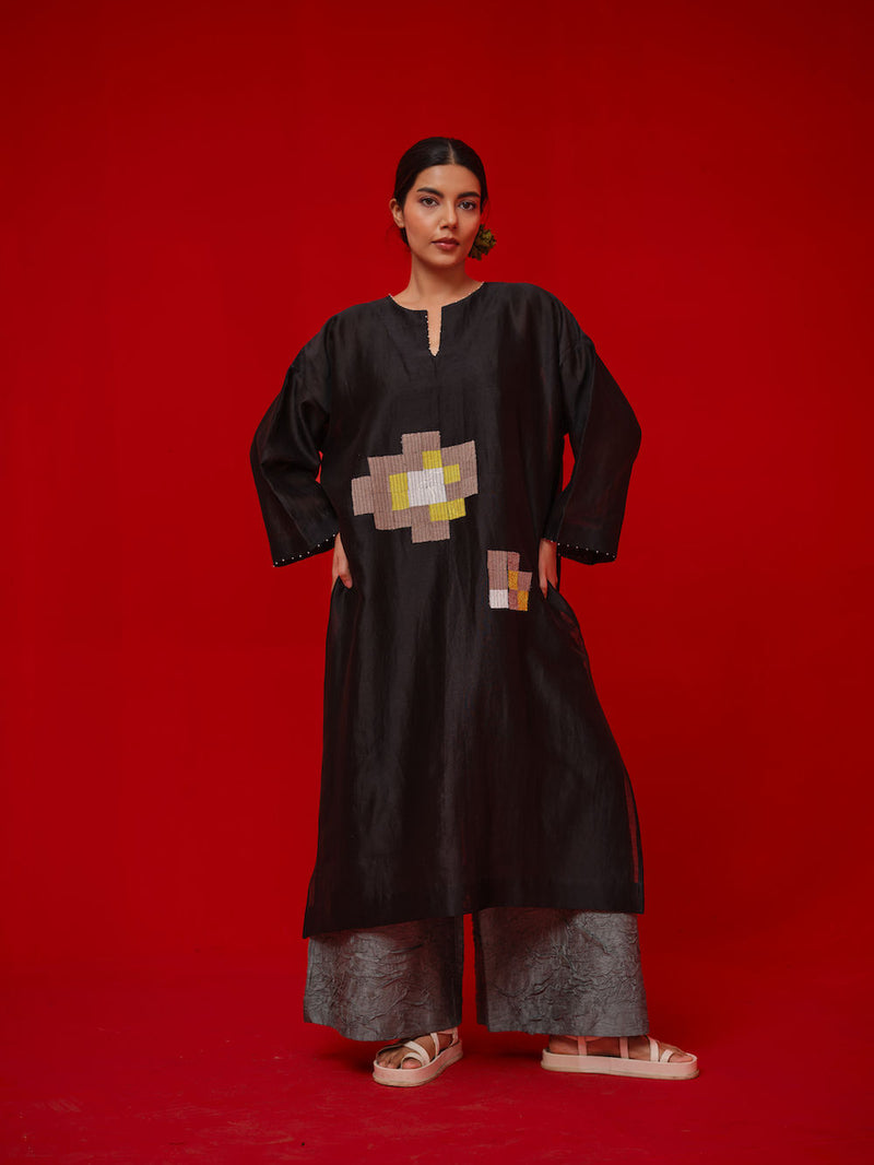 Trace Tunic-Black + Grey silk chanderi tunics/kaftan by Stoique in black, grey for women in Singapore
