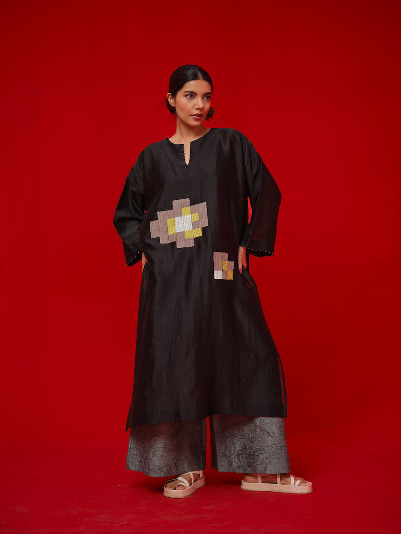 Trace Tunic-Black + Grey silk chanderi tunics/kaftan by Stoique in black, grey for women in Singapore