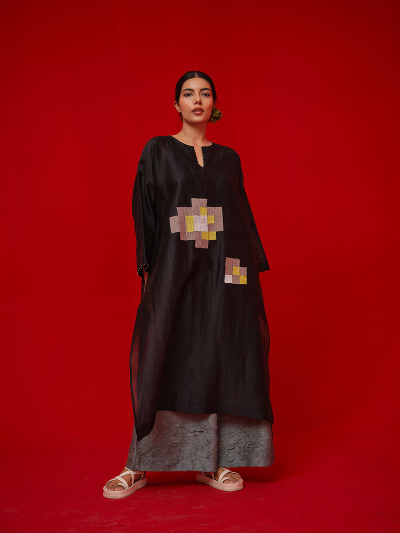 Trace Tunic-Black + Grey silk chanderi tunics/kaftan by Stoique in black, grey for women in Singapore
