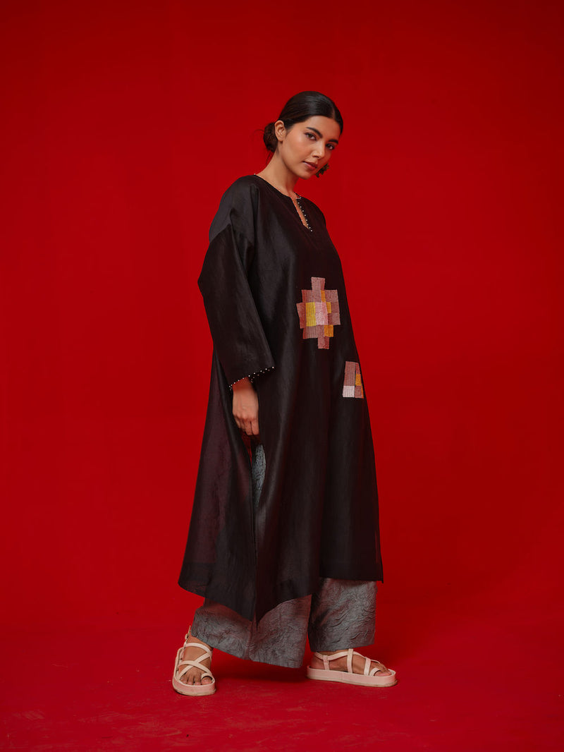Trace Tunic-Black + Grey silk chanderi tunics/kaftan by Stoique in black, grey for women in Singapore
