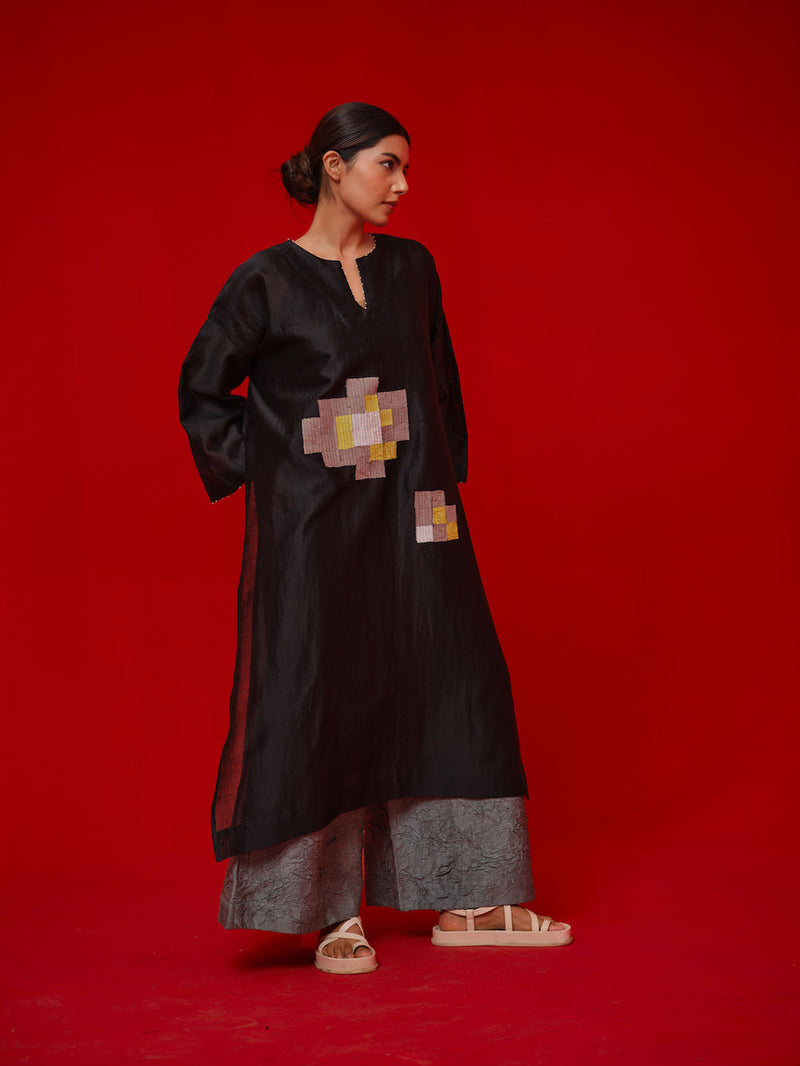 Trace Tunic-Black + Grey silk chanderi tunics/kaftan by Stoique in black, grey for women in Singapore