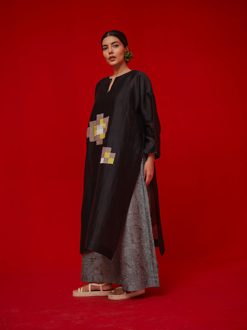 Trace Tunic-Black + Grey silk chanderi tunics/kaftan by Stoique in black, grey for women in Singapore