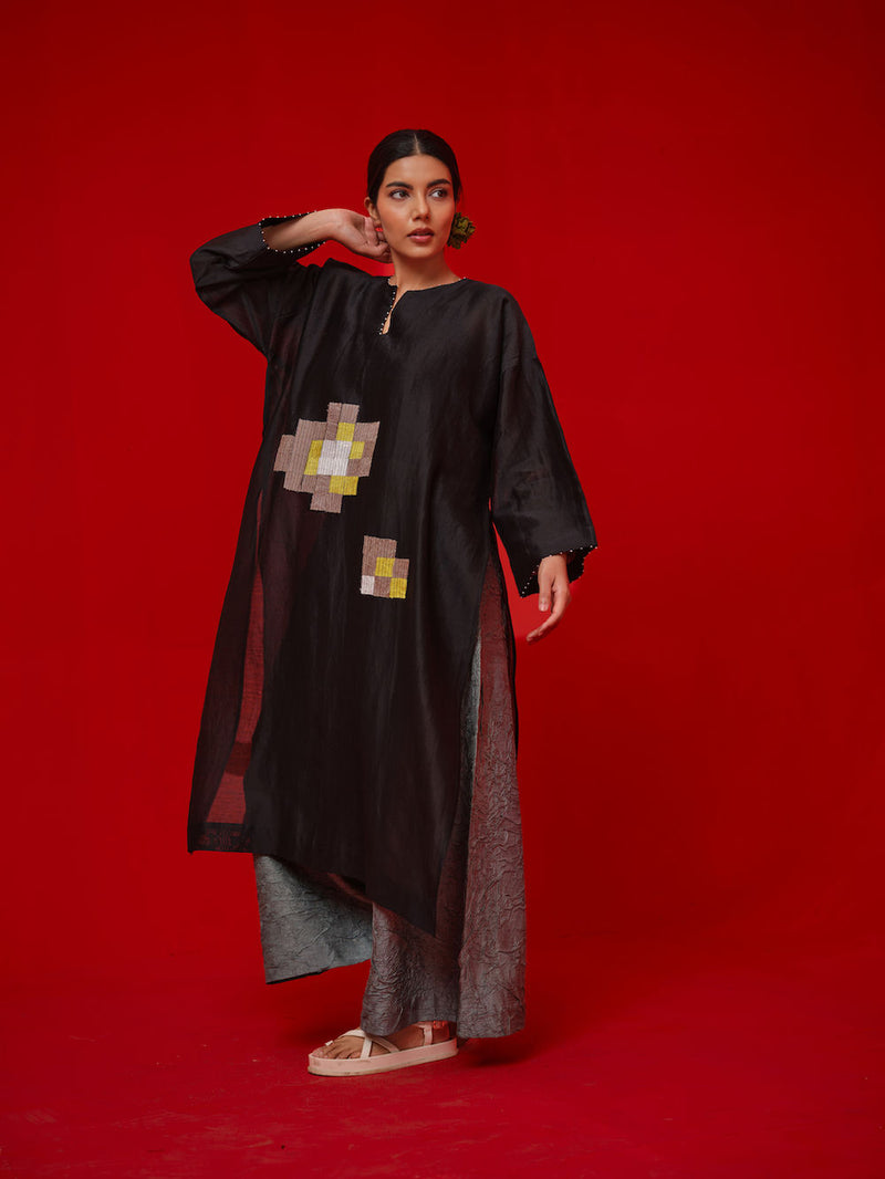 Trace Tunic-Black + Grey silk chanderi tunics/kaftan by Stoique in black, grey for women in Singapore