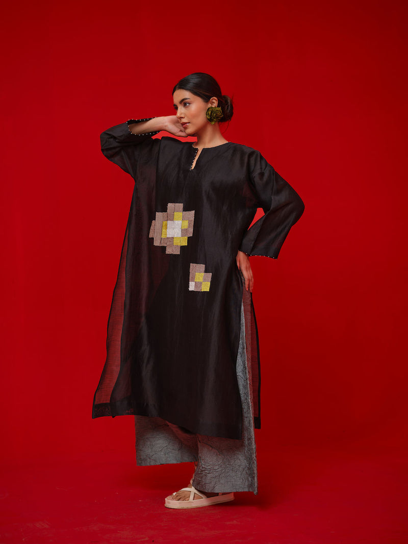 Trace Tunic-Black + Grey silk chanderi tunics/kaftan by Stoique in black, grey for women in Singapore