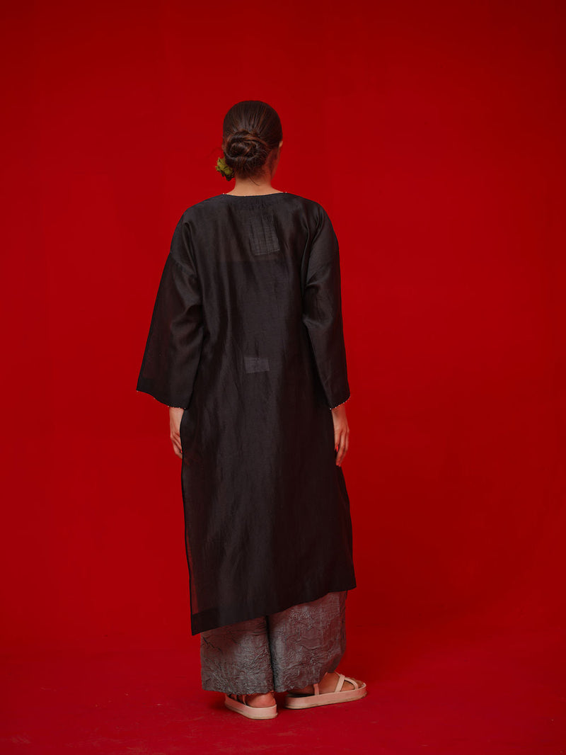 Trace Tunic-Black + Grey silk chanderi tunics/kaftan by Stoique in black, grey for women in Singapore
