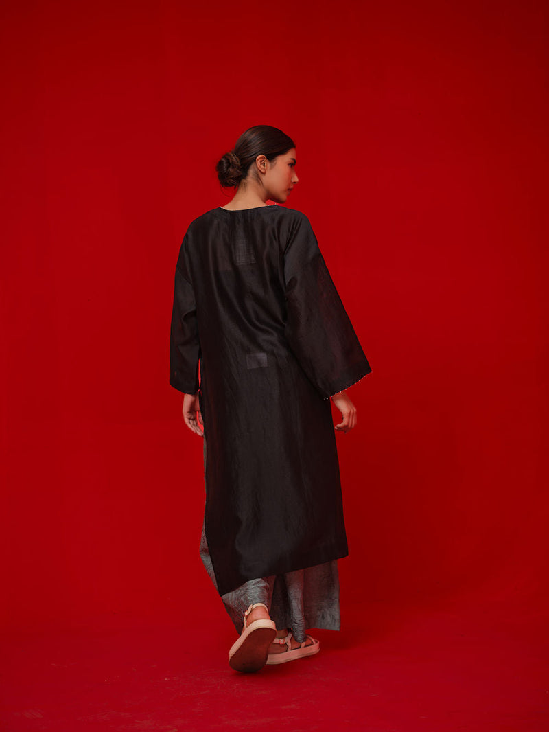Trace Tunic-Black + Grey silk chanderi tunics/kaftan by Stoique in black, grey for women in Singapore