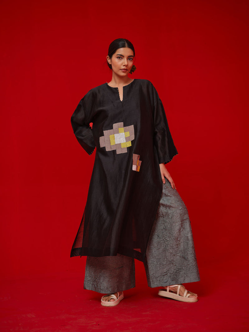 Trace Tunic-Black + Grey silk chanderi tunics/kaftan by Stoique in black, grey for women in Singapore