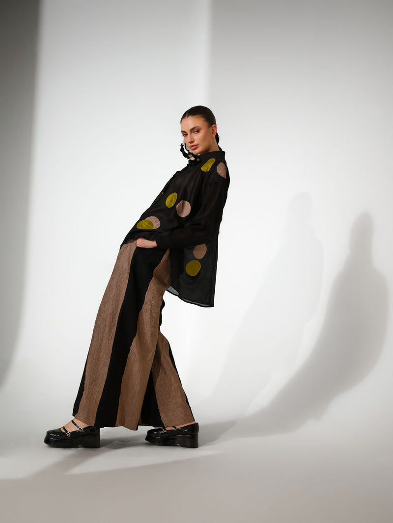 Halo Shirt-Black + Lime+ Grey silk chanderi top/shirt by Stoique in black, lime+ grey for women in Singapore