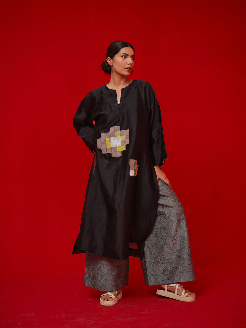 Trace Tunic-Black + Grey silk chanderi tunics/kaftan by Stoique in black, grey for women in Singapore