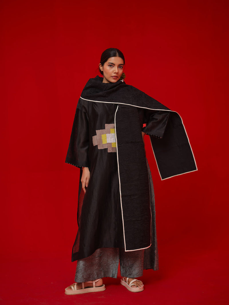 Seek Scarf-Black + Natural mysore silk scarve/stole by Stoique in black, natural for women in Singapore