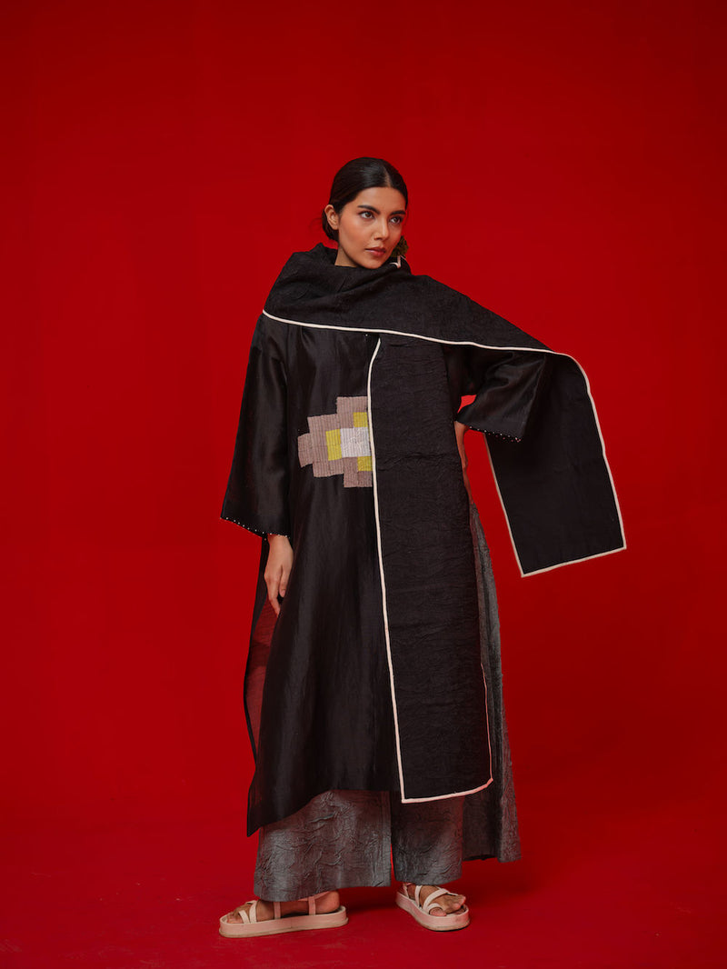 Trace Tunic-Black + Grey silk chanderi tunics/kaftan by Stoique in black, grey for women in Singapore